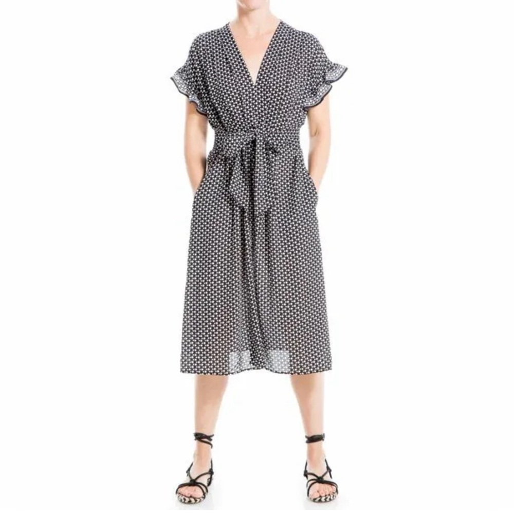 EUC- Max Studio Flutter Sleeve Fit & Flare Polka Dot Crepe Dress
